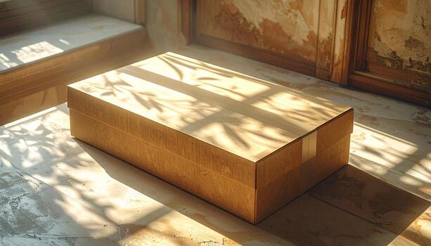 Sunlit Cardboard Box on Floor with Shadow Patterns. photo