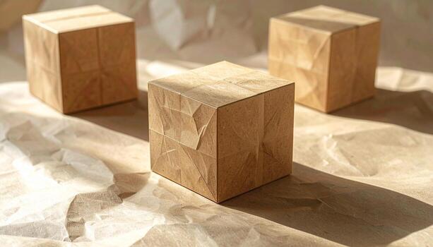 Three brown paper cubes casting shadows on a textured surface. photo