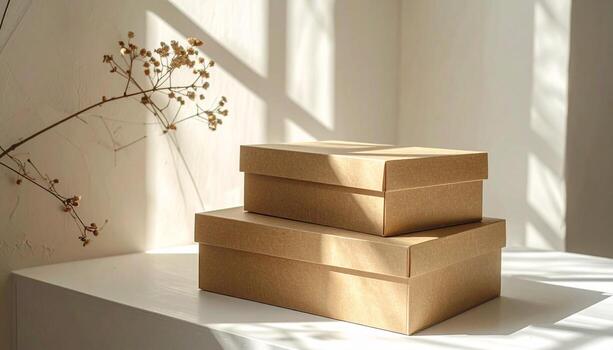 Two cardboard boxes stacked on a white surface with shadows. photo