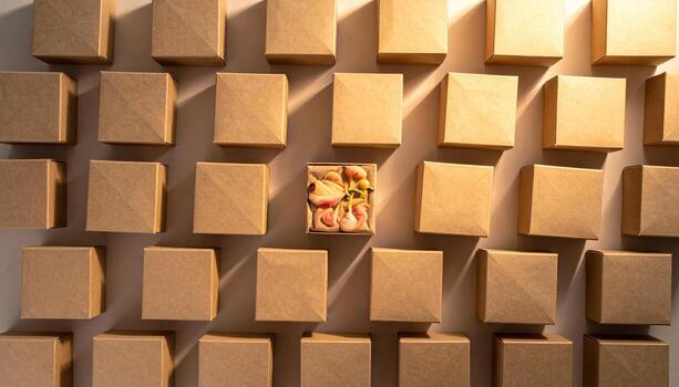 Unique Cork Cube Among Wooden Blocks Individuality and Texture. photo