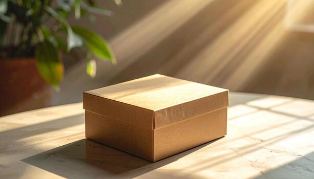 de madera caja en un mesa con luz de sol transmisión mediante un ventana. foto