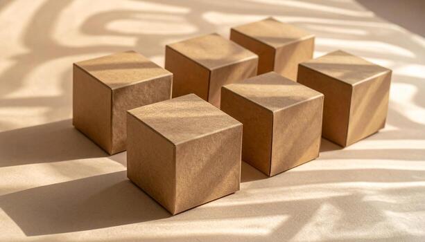 Wooden Cubes Arranged on a Beige Surface with Shadow Patterns. photo