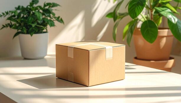 Brown Cardboard Box on Table with Plants in Background. photo
