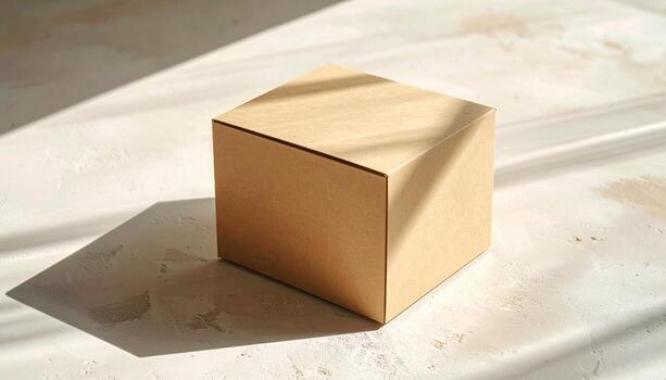 Brown Cardboard Box with Shadow on White Surface. photo