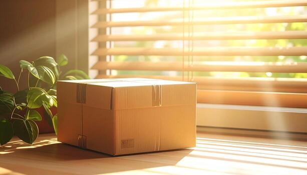 cartulina caja en ventana umbral con luz de sol y planta. foto