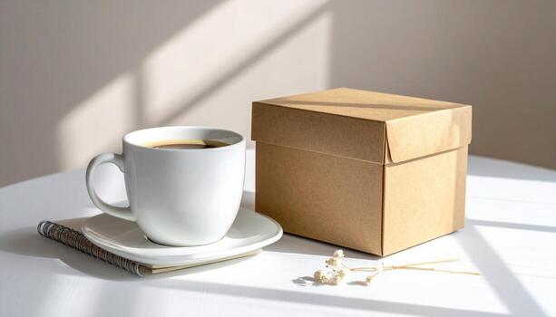 Coffee Break Still Life with Box and Pen on White Table. photo