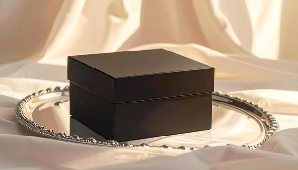 Elegant Black Box on Silver Tray with Creamy Fabric Backdrop. photo