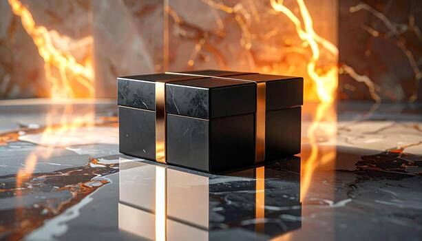 Elegant Black Box with Gold Accent on Reflective Surface. photo
