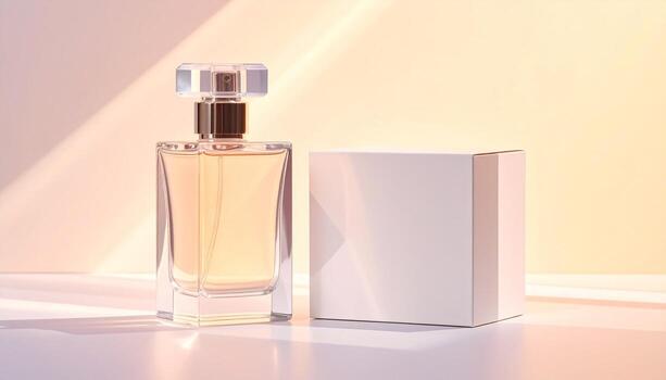 Elegant Perfume Bottle and Box on a Light Surface. photo