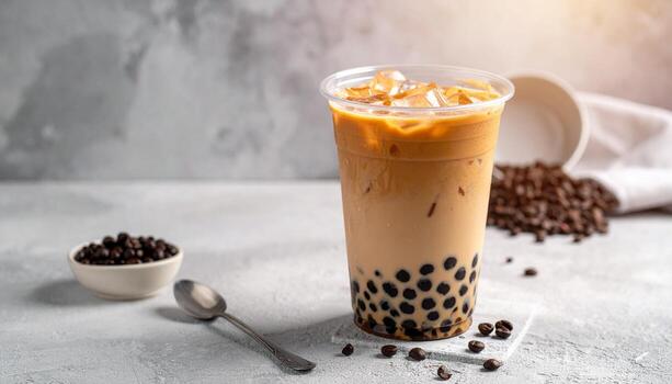 Iced Bubble Tea with Coffee Beans and Spoon on Table. photo