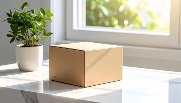 Minimalist Box on Marble Surface with Plant and Window. photo