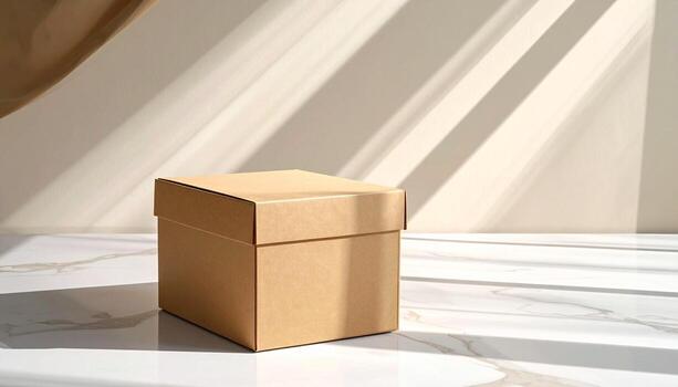 Minimalist cardboard box on white marble surface with sunlight shadows. photo
