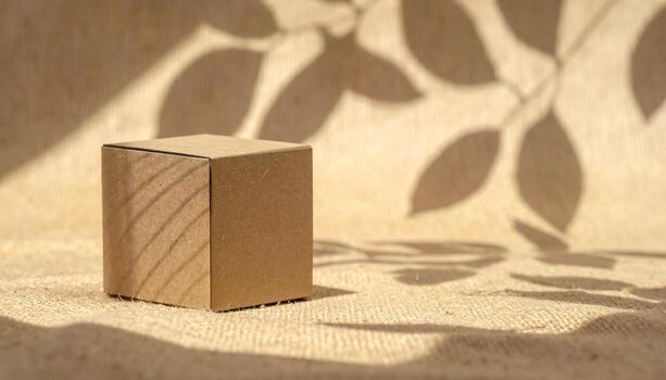 minimalista cartulina caja con hoja oscuridad en un texturizado superficie. foto