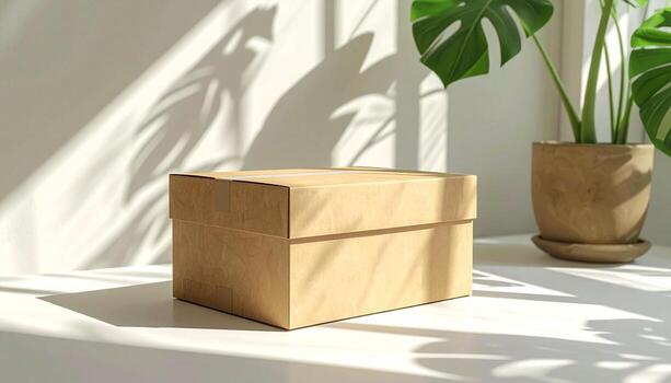 Minimalist Kraft Box on White Surface with Plant and Shadow. photo