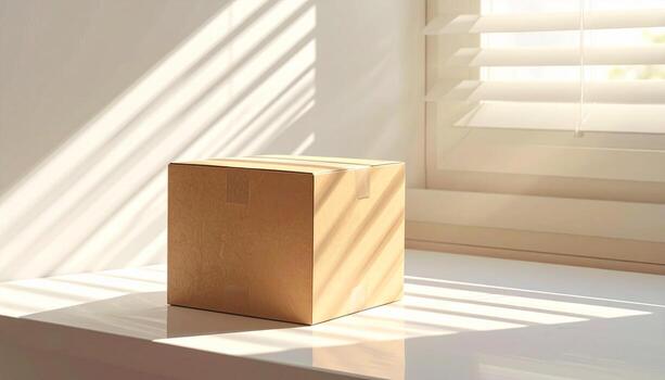 Minimalist Wooden Cube in Sunlight by Window Simple Still Life. photo
