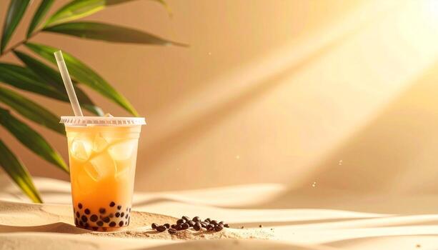 Refreshing Boba Tea with Tapioca Pearls and Palm Frond. photo
