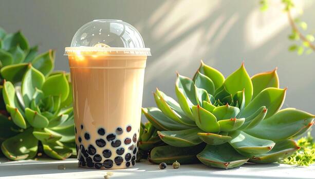 Refreshing Bubble Tea with Tapioca Pearls and Succulents. photo