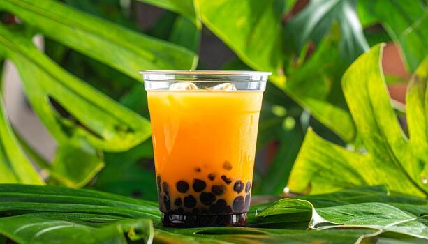 Refreshing Mango Bubble Tea with Tapioca Pearls and Tropical Greenery. photo
