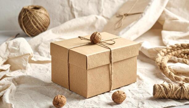 Rustic Gift Box with Natural Twine and Neutral Background. photo