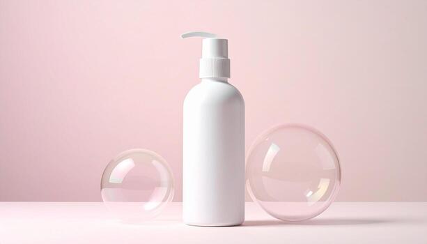 Elegant White Lotion Bottle with Transparent Spheres on Pink Background. photo