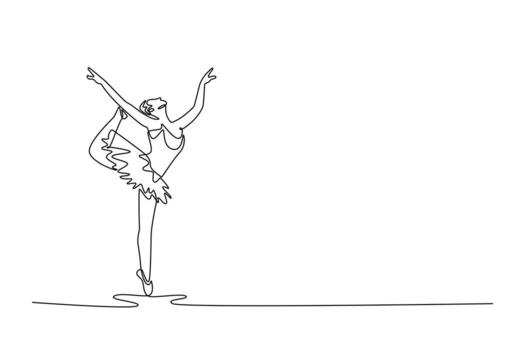 Single continuous line drawing ballerina balancing en pointe while holding her leg high over her head, extreme flexibility and technical skill of art. One line draw graphic design illustration vector