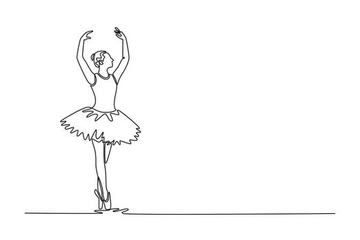 Continuous one line drawing ballerina balancing perfectly pointe with both arms gracefully curved and extended overhead, serene vertical elegance. Single line draw design graphic illustration vector