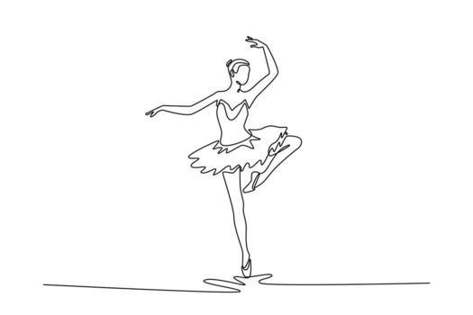 Continuous one line drawing ballerina balancing perfectly pointe with one leg raised, her arms gracefully extended, vertical elegance and control. Single line draw design graphic illustration vector