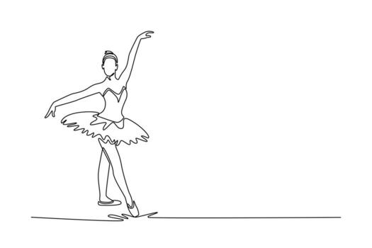 Continuous one line drawing ballerina in a graceful, flowing step with one arm extended high and the other low, moment balanced transition in dance. Single line draw design graphic illustration vector