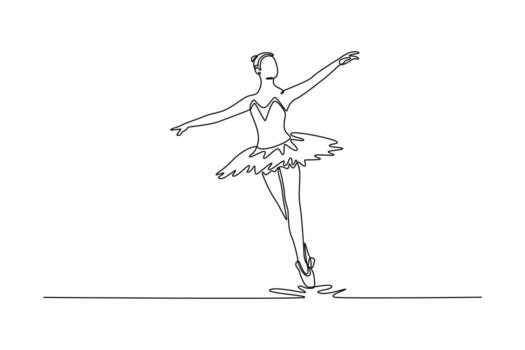 Single continuous line drawing ballerina balancing on one foot en pointe with her arms extended, moment of grace and perfect technical balance. Dynamic one line draw graphic design illustration vector