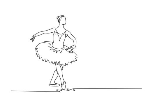 Single continuous line drawing ballerina in tutu, balancing en pointe with her arms extended wide in cross-legged position, classical elegance. Dynamic one line draw graphic design illustration vector