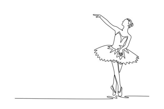 Single continuous line drawing ballerina balancing en pointe with her arm extended in a graceful gesture, moment of perfect balance, directional focus. One line draw graphic design illustration vector