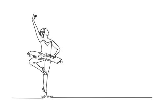 soltero uno línea dibujo bailarina equilibrio perfectamente en pointe con uno pierna elevado y brazo extendido hacia el cielo, núcleo fuerza y vertical gracia. continuo línea dibujar diseño gráfico ilustración vector