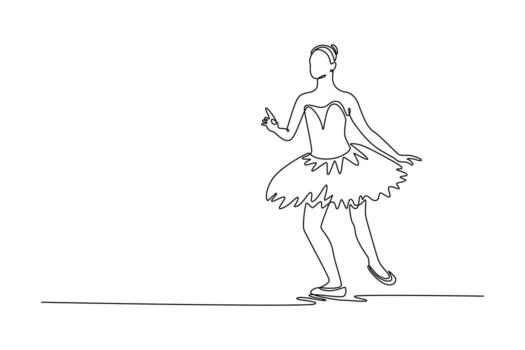 Single continuous line drawing attractive ballerina in a graceful, dynamic traveling step, with arms extended in a fluid and expressive motion. Dynamic one line draw graphic design illustration vector