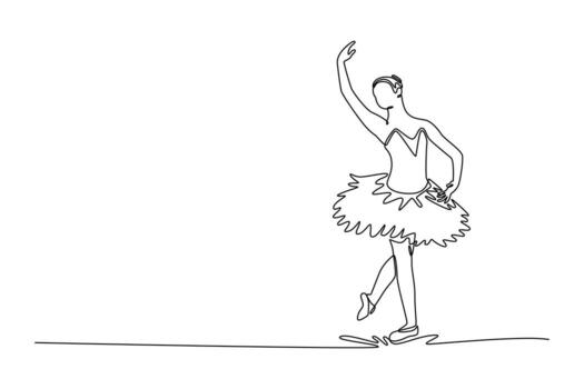 Continuous one line drawing ballerina balancing en pointe or demi-pointe with one leg raised and arm extended skyward, vertical elegance, control. Single line draw design graphic illustration vector