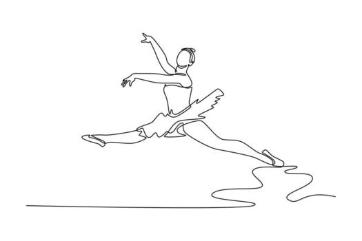 soltero uno línea dibujo bailarina en aire pose, ejecutando un poderoso división salto con brazos aumentó, dinamismo y gracia de el movimienot. moderno continuo línea dibujar diseño gráfico ilustración vector