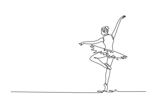 Continuous one line drawing back view of ballerina balancing on one foot en pointe and one leg raised, executing a turn or an arabesque variation. Single line draw design graphic illustration vector