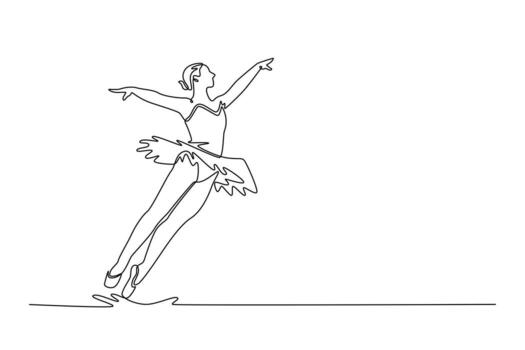 Single one line drawing ballerina in dynamic, forward-moving leap, with her arms and legs extended, fluidity, lightness of her movement. Modern continuous line draw design graphic illustration vector