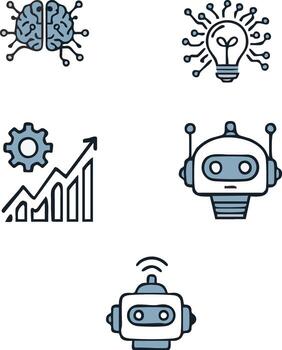 Artificial Intelligence and Innovation Icons Set Flat Line Style Robot Brain Light bulb and Growth Chart Illustration vector