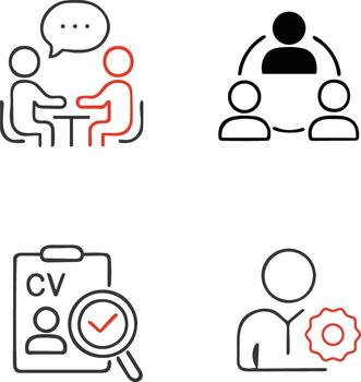 humano recursos y reclutamiento íconos conjunto trabajo entrevista CV revisión equipo administración y empleado habilidades ilustración vector