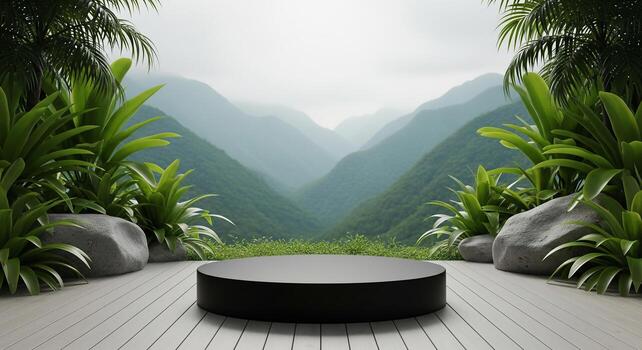 An empty round table in front of a mountain range photo