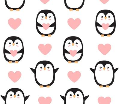 Seamless pattern of flat penguin with heart isolated on background vector