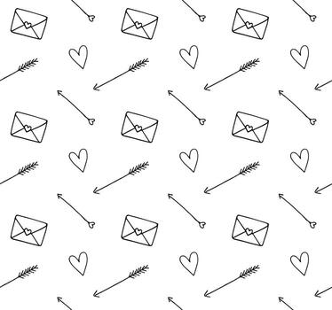 Seamless pattern of Valentines Day hearts arrows and letters on white background vector