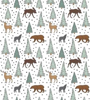 Seamless pattern of hand drawn doodle sketch forest animals and spruce trees isolated on white backgrounds vector