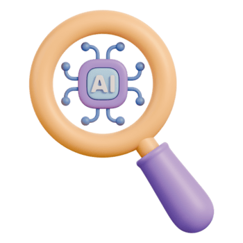 ampliação vidro com ai microchip e neural rede o circuito, símbolo do dados procurar análise, algoritmo reconhecimento, máquina aprendizado, digital analytics e inteligente tecnologia, 3d ilustração png