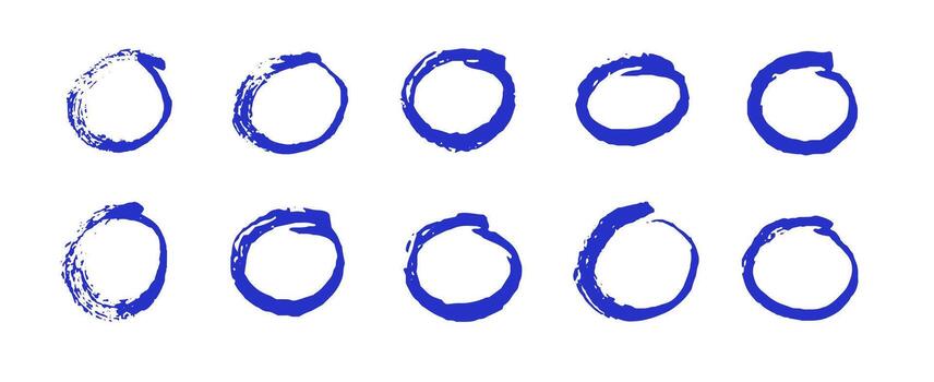 Set of blue circle doodles. Hand drawn round marker shapes, scribble brush rings, sketch ink circles on white background. Simple texture for design highlights vector