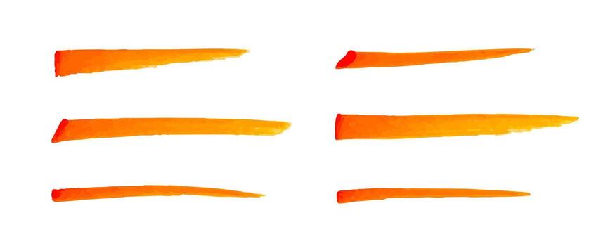 Set of orange marker strokes with gradient fading texture in . Hand drawn brush lines, highlight smears, underlines isolated on white. Modern design element for accent vector