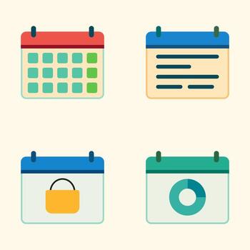 Minimalist Calendar Icon Collection Including Monthly Planner, Memo Lines, Privacy Lock, and Circular Chart vector