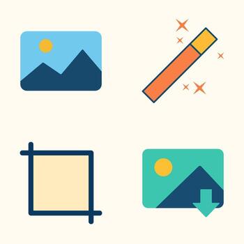 Modern Image Editor UI Icons Representing Drawing Tool, Selection Area, Photo Canvas, and Graphic Framing vector