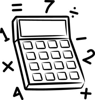 Sketch style calculator surrounded by mathematical symbols and numbers, illustrated with minimal shading in hand-drawn design representing calculation, education, finance, and creativity vector