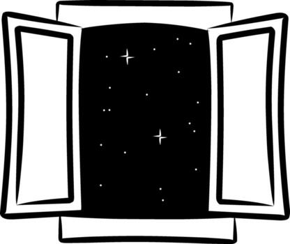 Sketch style open window illustrating the night sky filled with stars, drawn with minimal shading, representing peace, imagination, and dreams in a calm artistic composition for decoration and graphic vector